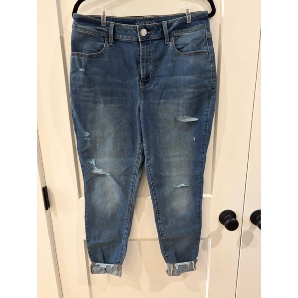 Maurices Everflex Skinny Jeans Womens Large Regular Medium Wash Distressed Blue